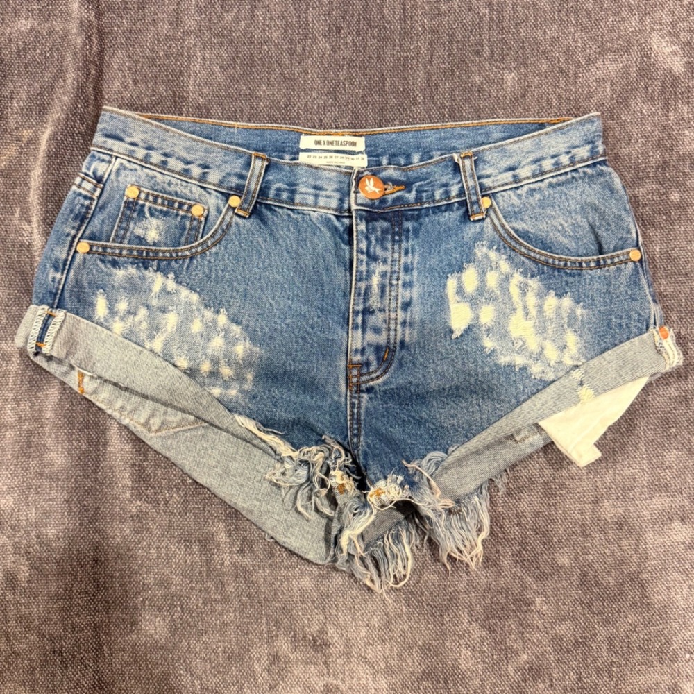 One Teaspoon Bandits Denim Shorts Size 29 Blue Distressed Cuffed Low Rise Button
